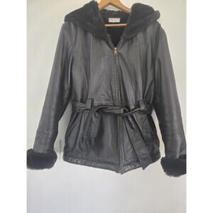 Pelle Studio Women’s Genuine Leather Jacket Faux Fur Lined Hooded Belted Black M